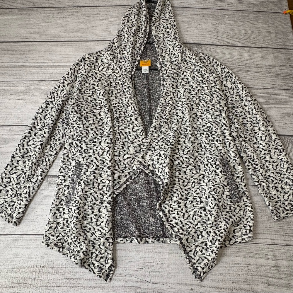 Ruby Rd. Women's Black‎ and White Patterned Open Cardigan Hooded Sweater Size L